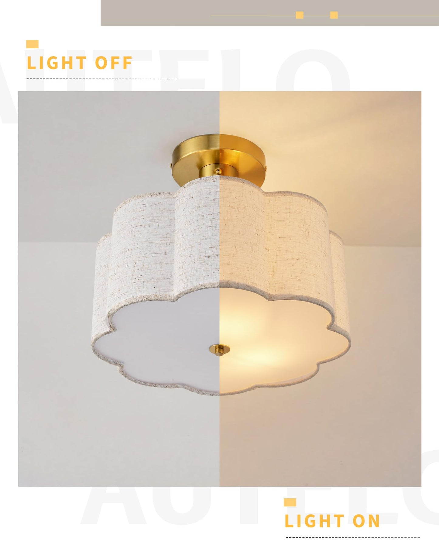 AUTELO 12.6 Inch Semi Flush Mount Ceiling Light,3-Light Brushed Gold Modern Ceiling Light with Flower-Shaped White Fabric, Kitchen Ceiling Light for Bedroom Hallway, C2507 BGS-8