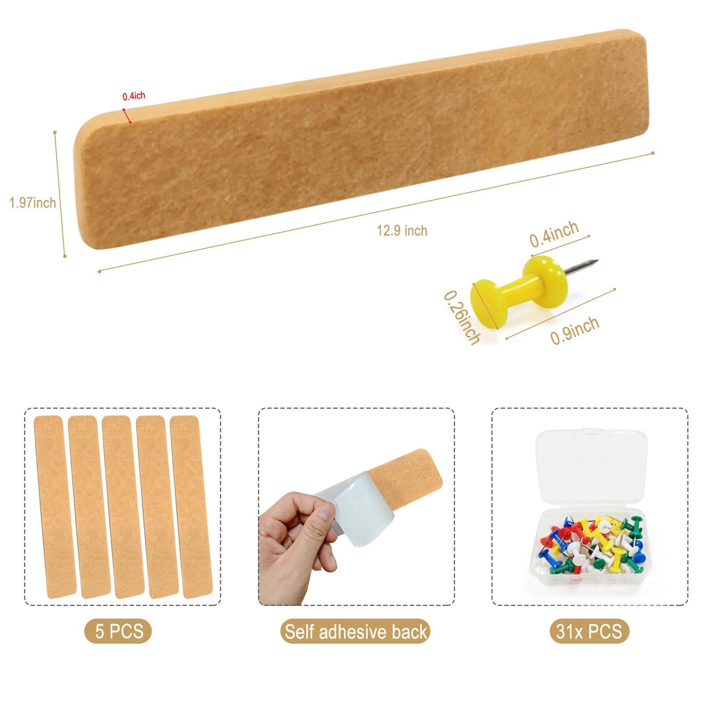 Felt Bulletin Board Strips 5-Pack, 13" x 2" Self Adhesive Pin Board with 35 Push Pins – Cork Board Alternative Notice Board for Office, Bedroom Door, Home Office Wall Decor (Brown)
