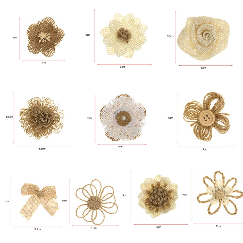 10Pcs Jute Burlap Flowers,10 Styles Handmade Natural Rustic Flower for Wedding Party Decor Home Embellishment DIY Crafts