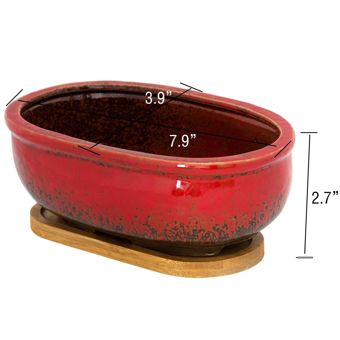 ARTKETTY Succulent Pots - Large Succulent Planters with Drainage Tray, 7.9'' Ceramic Pots for Indoor Cactus Plants, Oval Bonsai Flower Plant Container Bowl Decorative Home Desk Windowsill