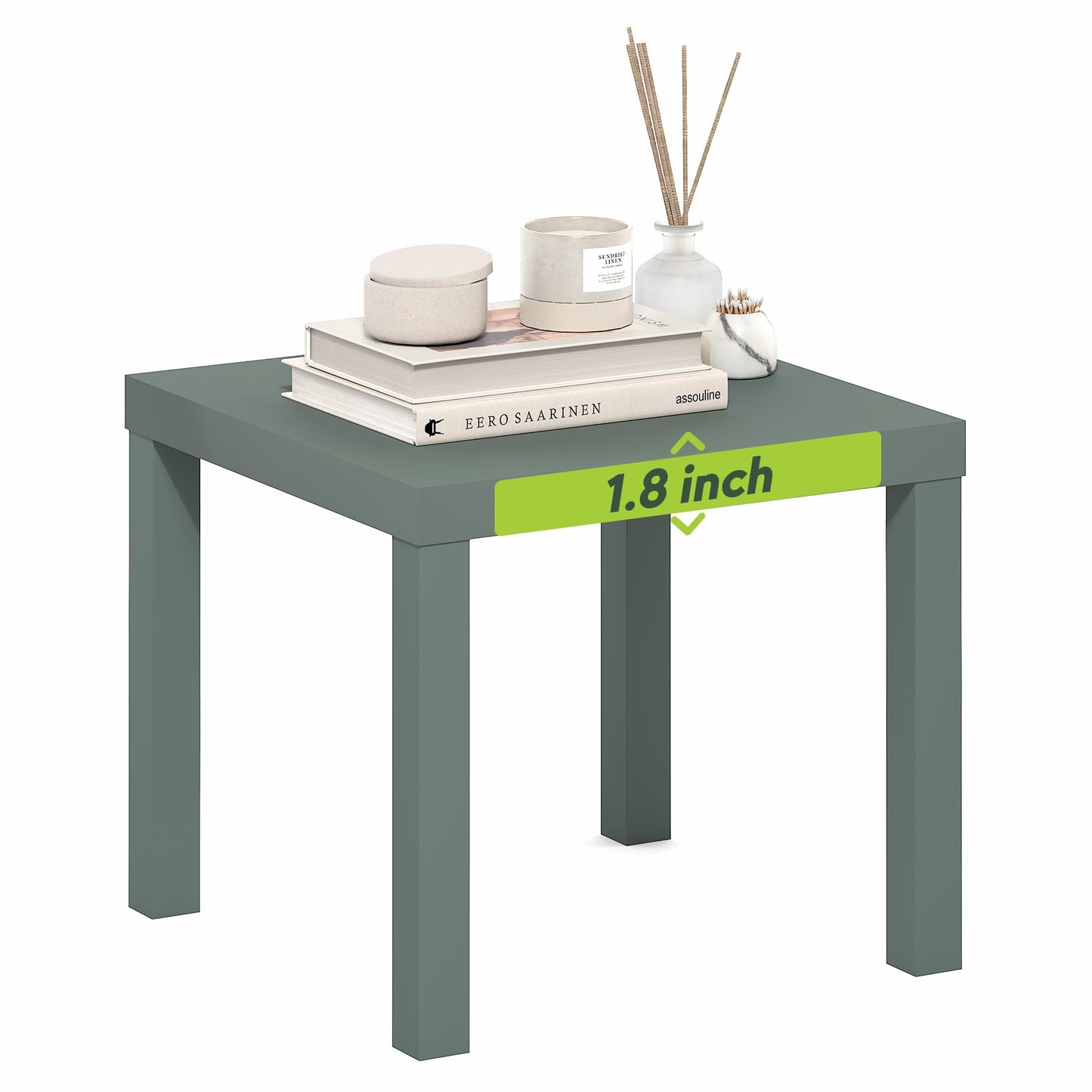 Furinno Classic Side Table, Square Modern End Table with 1.8" Triple Thick Tabletop, Simple Night Stand, Bedside Table, Toolless Assembly, for Living Room, Bedroom, Sage Green