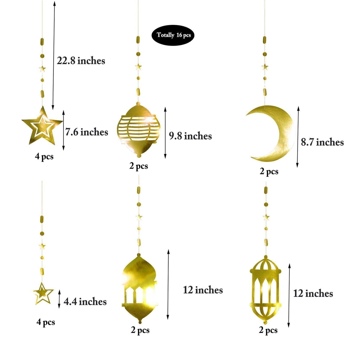 Cheerland Ramadan Decorations Gold Star Moon Lantern Garland Pre-Assembled Shining Hanging Ramadan Mubarak Eid Decorations Banner Streamer for Eid Mubarak Decor Home Party Supplies 16 Pcs