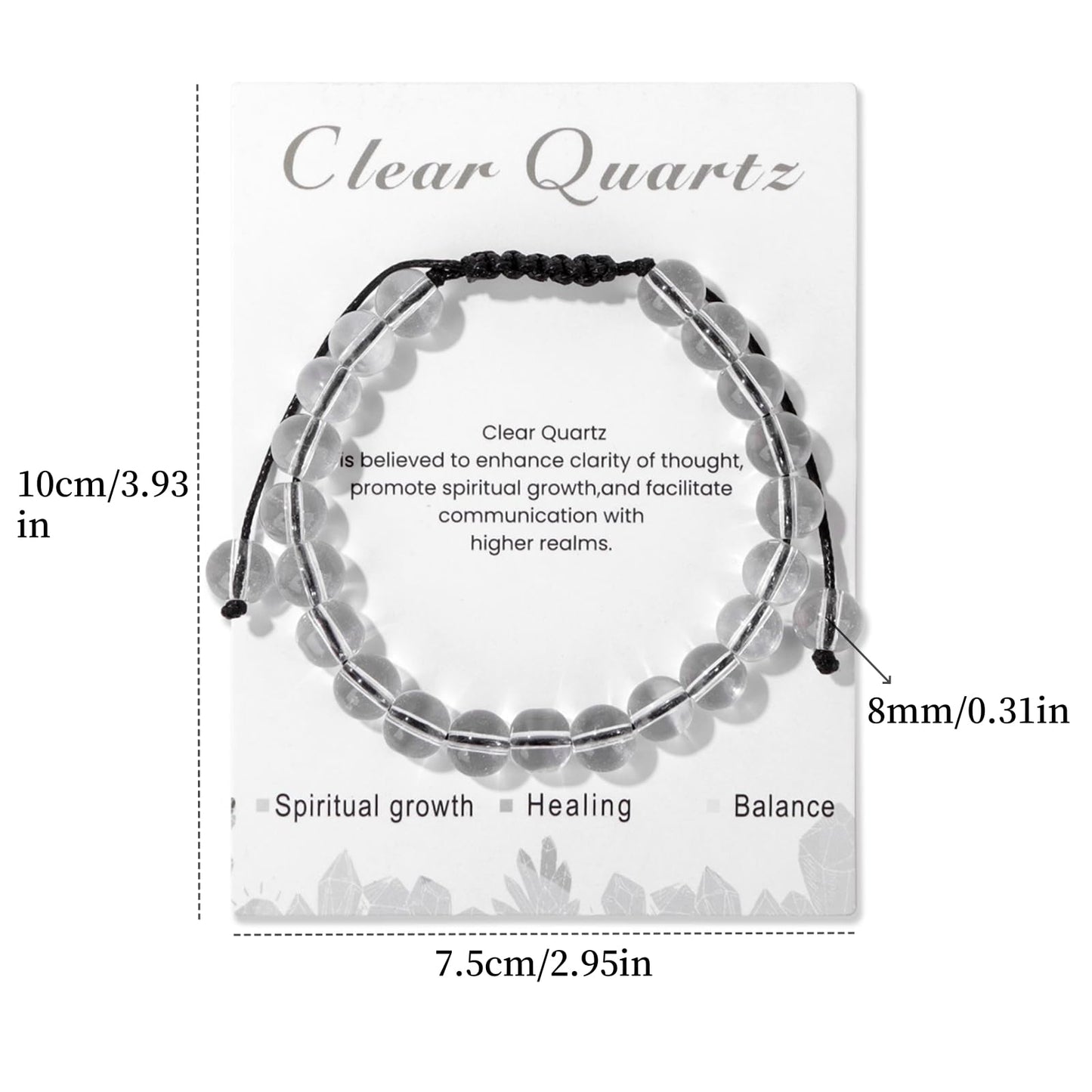 Lit Wall Clear Quartz Bracelet for Women 8mm Handmade Adjustable Natural Stone Healing Crystal Bracelet, Strand, Toggle Clasp, White, Clear Quartz, April/December Birthstone