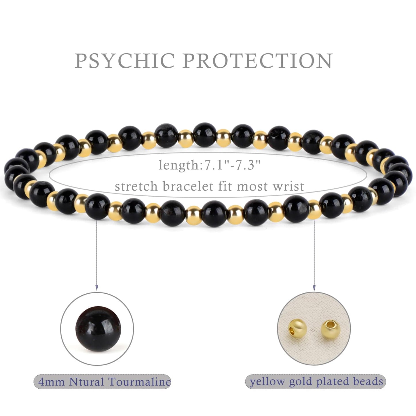 QOGIR Black Tourmaline - Psychic Protection - 14K Gold Plated Beads Natural Gemstone Stretch Elastic Dainty Healing Beaded Bracelets Gifts 4mm