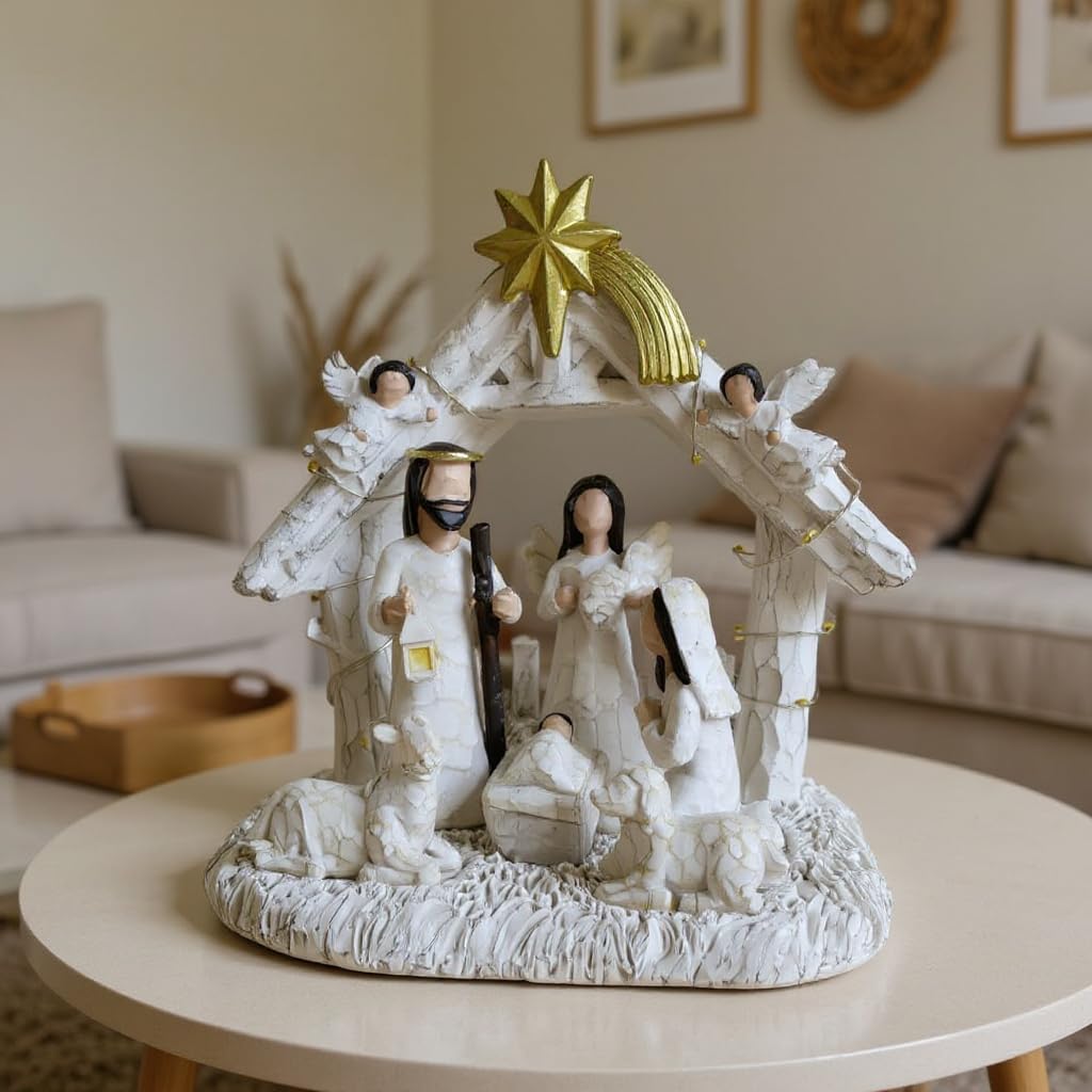 WANCHIY Nativity Set Indoor– Nativity Scene with Manger, Christmas Nativity Sets & Figures with LED Lights, Christmas Decorations Indoor for Home Display