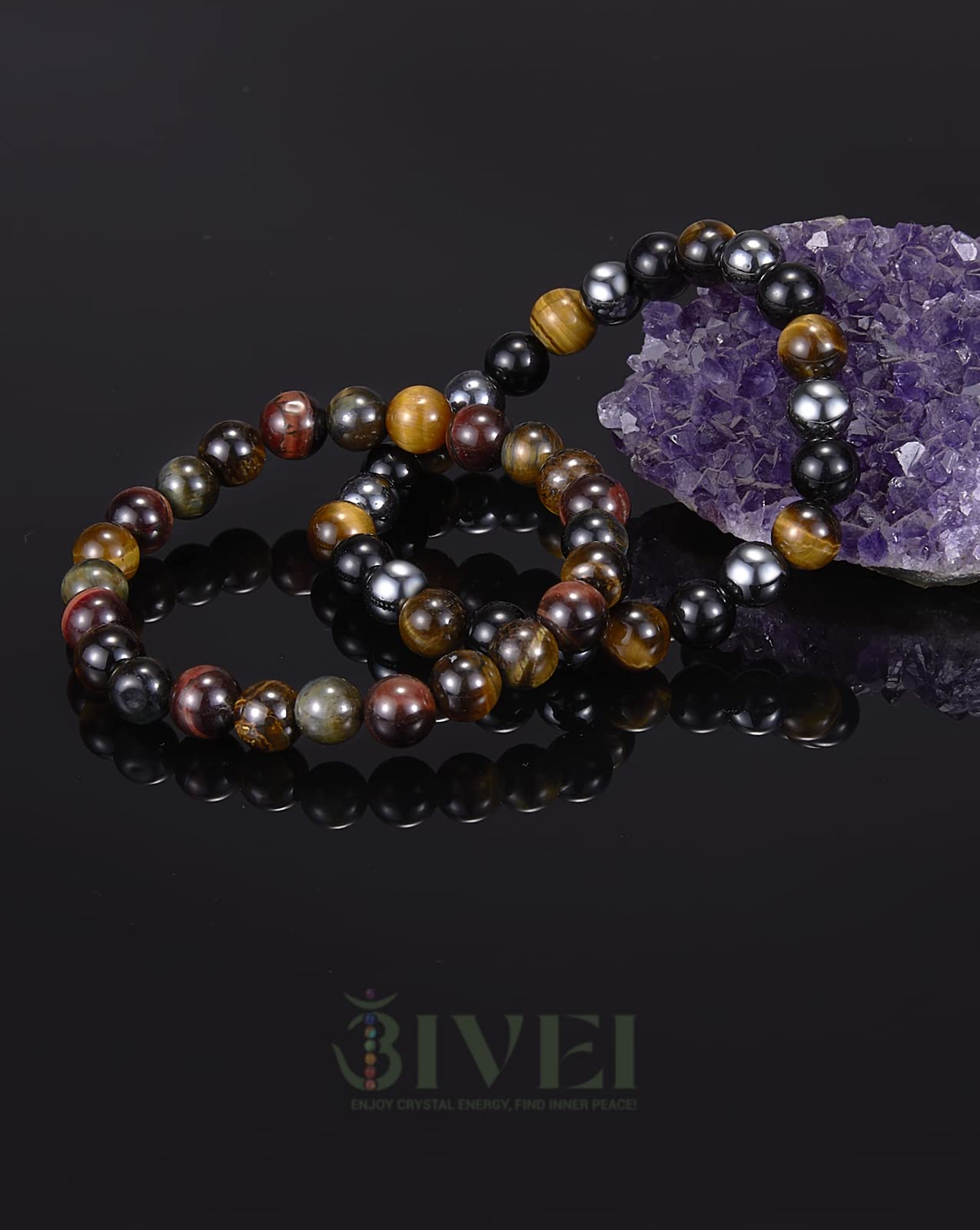 Bivei Natural Gemstone Semi Precious Crystals Handmade Stretchy Round Beads Bracelet, Enhance Positive Energy,Stocking Stuffers for Women(Triple Protection SetSmall)