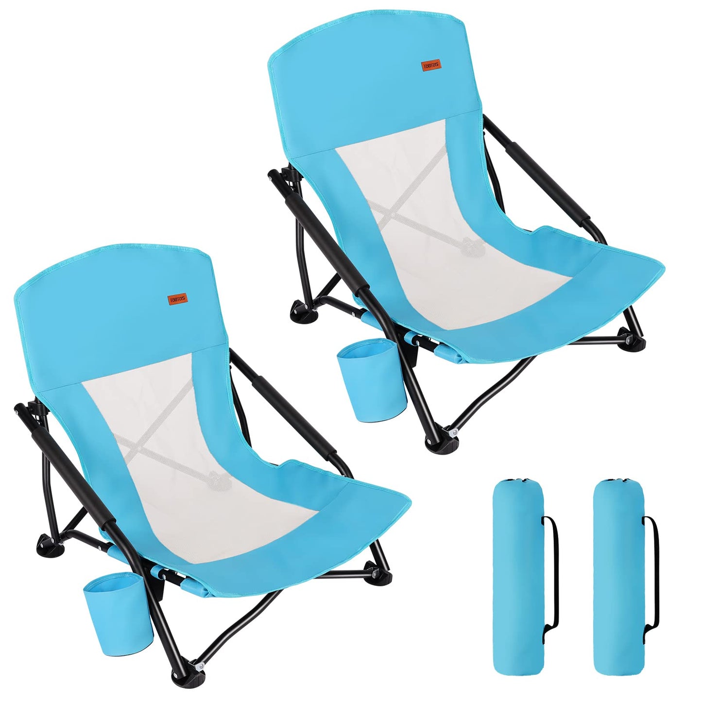 TOBTOS Low Beach Chair for Adults 2 Pack, Low Profile Folding with Cup Holder & Carry Bag, Heavy Duty Chair for Outdoor Sand, Camping, Concert, Travel