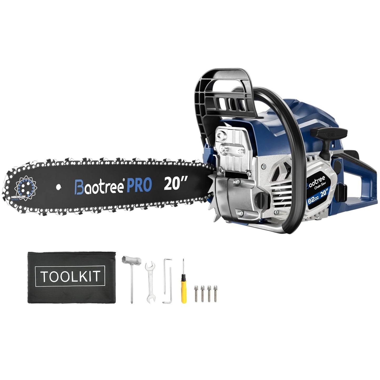 62cc Gas Chainsaw with 20 Inch Guide Bar, Professional Gasoline Chain Saw for Large Trees, Long Lasting Engine & Low Maintenance Design (Blue)