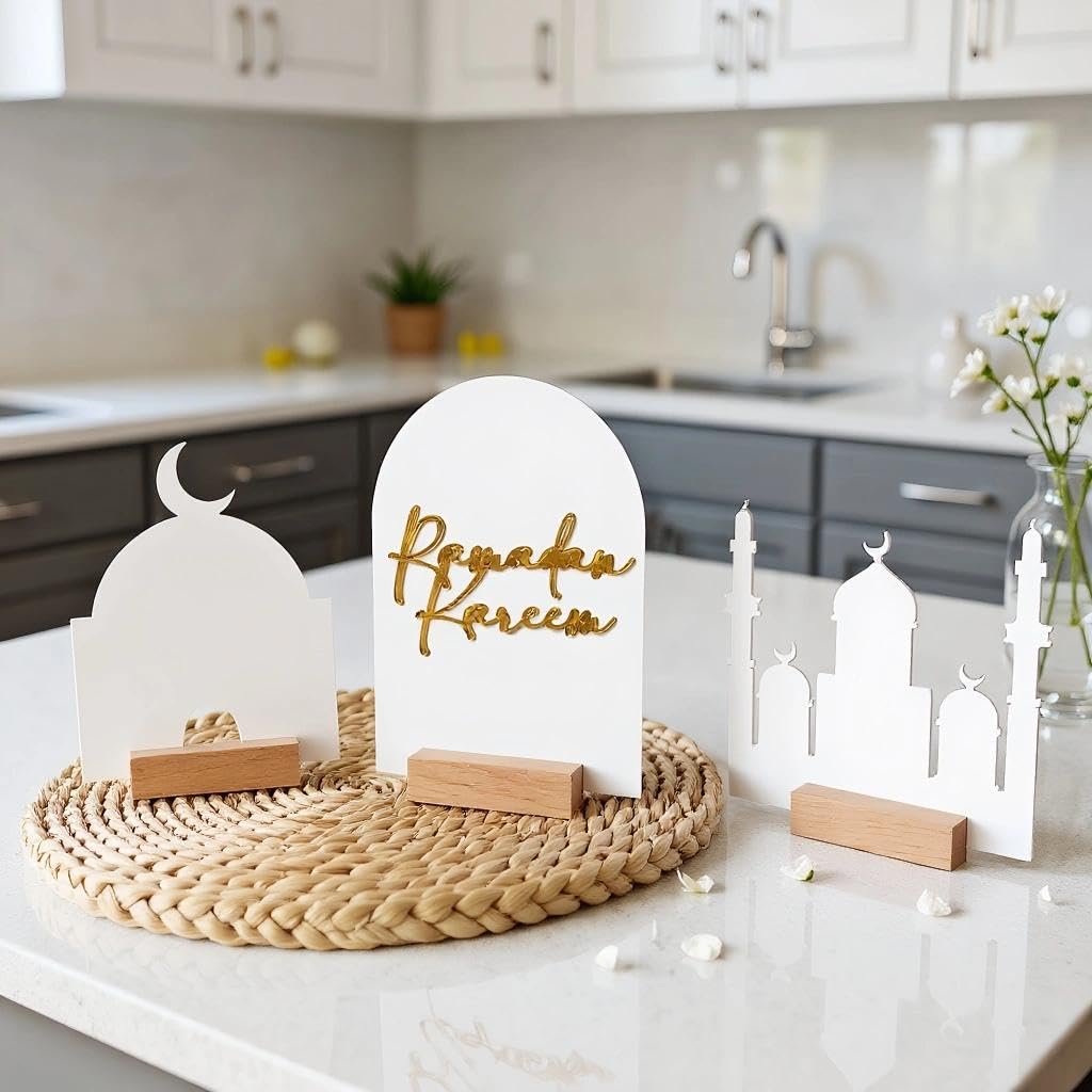 wfljl 3-Piece Ramadan Decoration for Table, Wooden Eid Mubarak Table Decor Set with Moon and Star, Reusable Ramadan Ornaments for Home