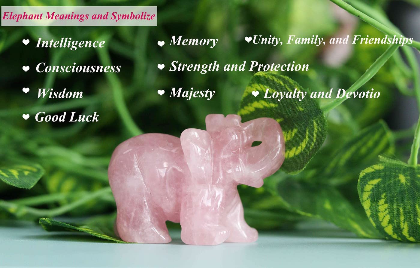 2" Rose Quartz Elephant Decor Healing Crystal Pink Cute Natural Hand-Carved Polished Figurines Statue Gemstone Energy Hippie Home Room Office Desk Decoration Valentine's Day Gifts for Women