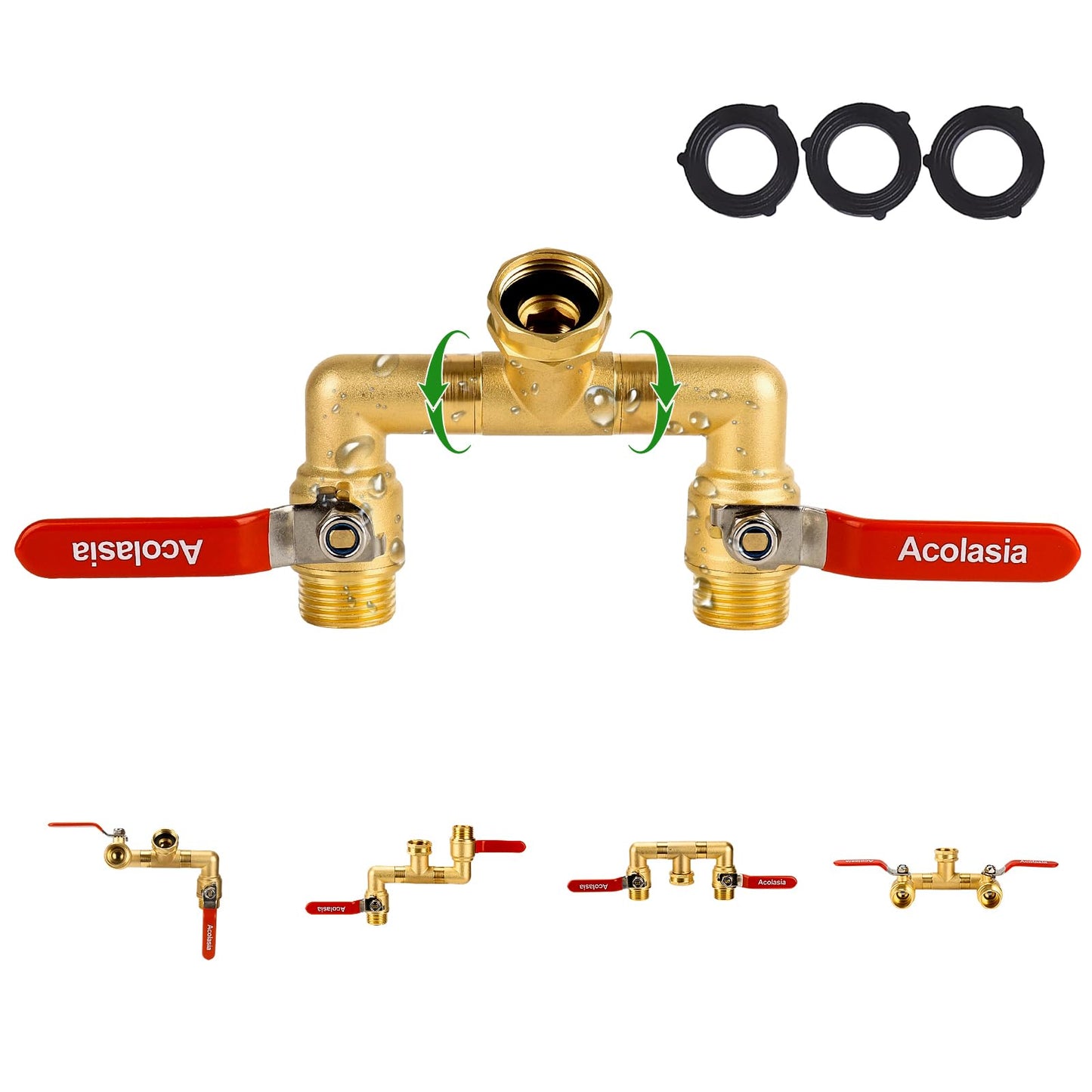 Hose Splitter 2 Way Heavy Duty Brass Garden Hose Splitter with 360° Rotatable, 304 Stainless Steel Long Handle Outdoor Full Flow Hose Splitter Connector, 3/4" GHT Thread