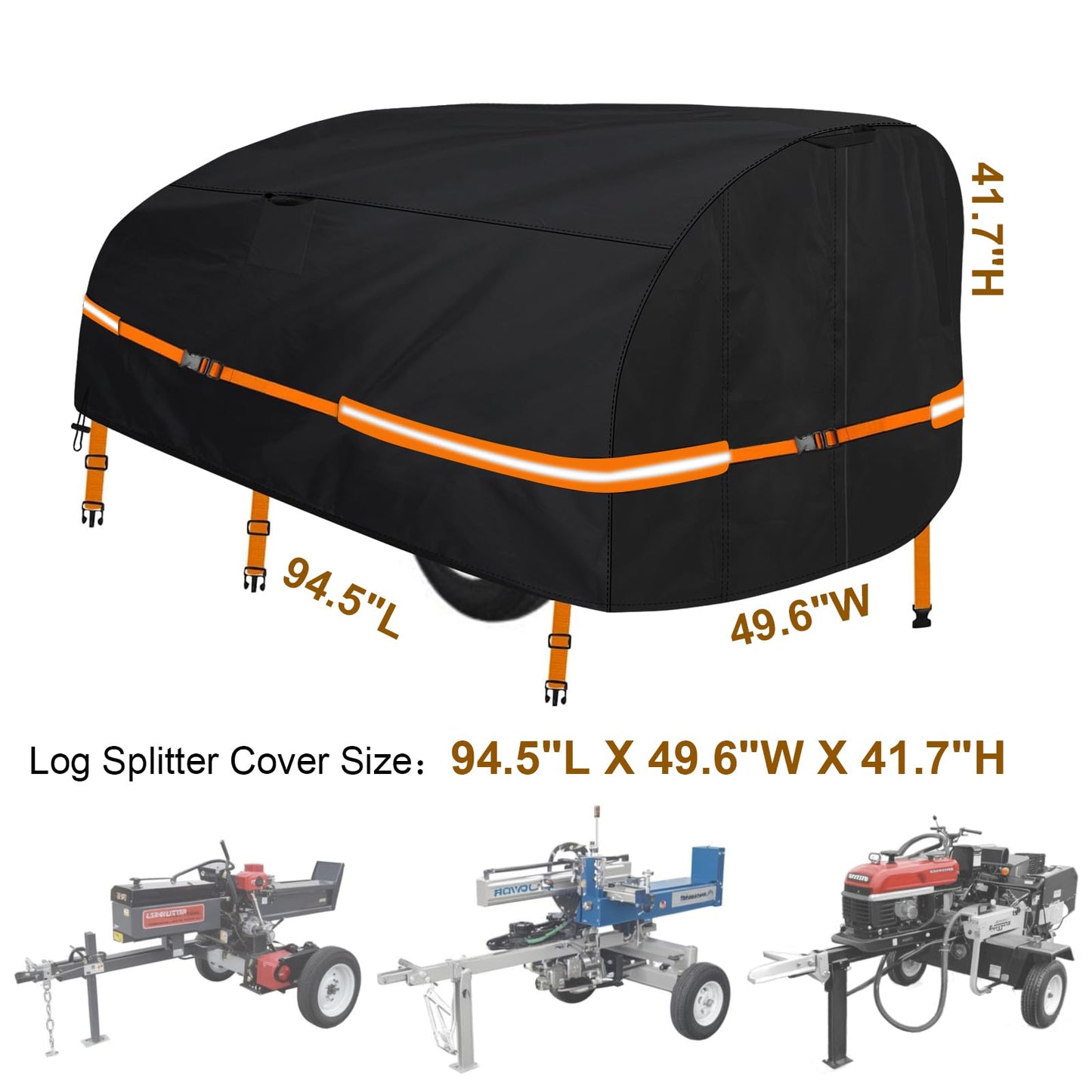 Goctoke 1200D Log Splitter Cover with Orange Reflective Strips, High Visibility Wood Splitter Protector for 15-60 Ton (94.5" x 49.6" x 41.7"), All Weather Tarp with Ground Stakes