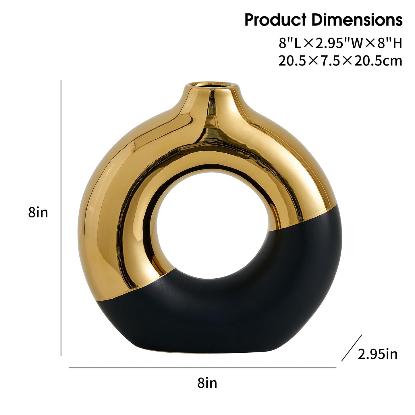 FJS Ceramic Donut Vase, 8" L x 8" H Black and Gold Round Vase for Pampas Grass, Nordic Modern Vases for Decor, Ceramic Vase Centerpieces for Wedding, Bedroom, Living Room, Coffee Table, Office