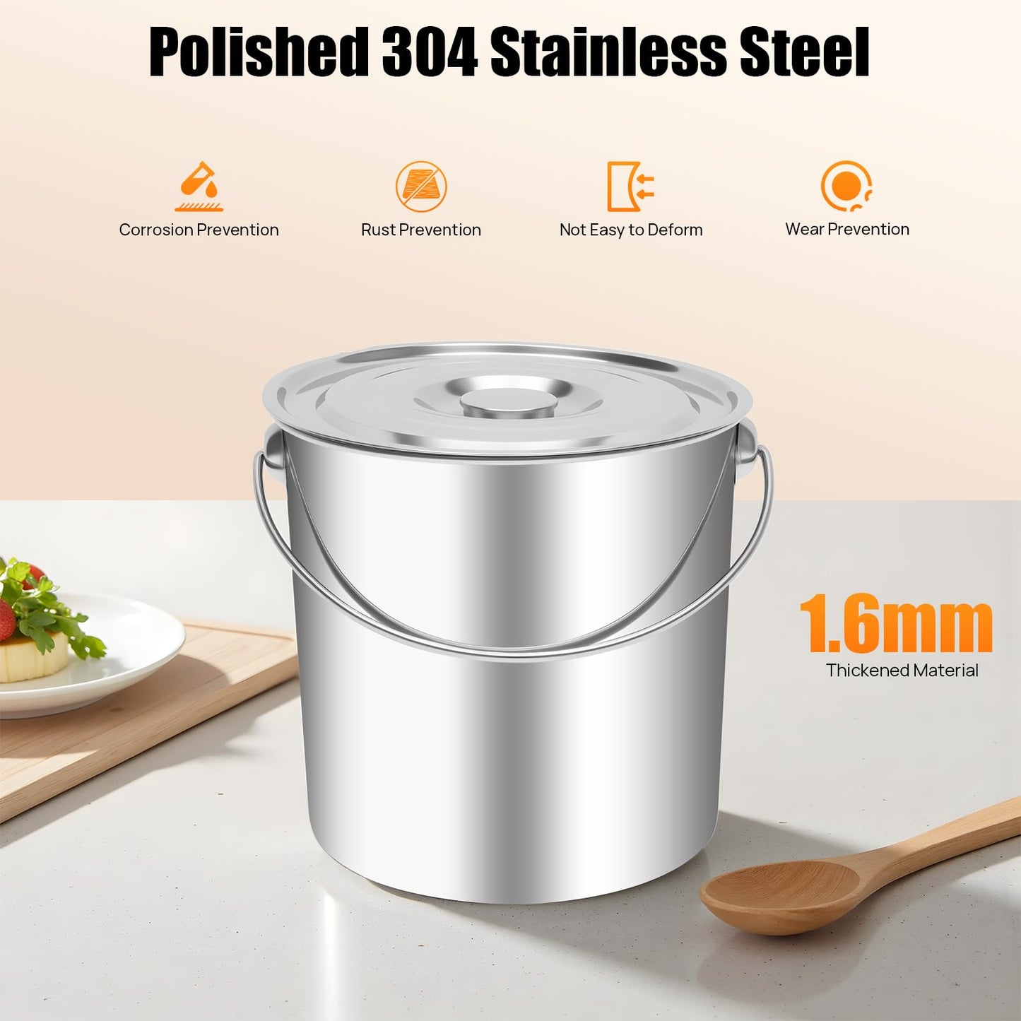 5 Gallon Stainless Steel Bucket with Hanging Lid, Food Grade 304 Metal Pail for Storage, Commercial Kitchen, Pet Food, Cleaning - 1.6mm Thick, Mirror Finish (5 Gal)
