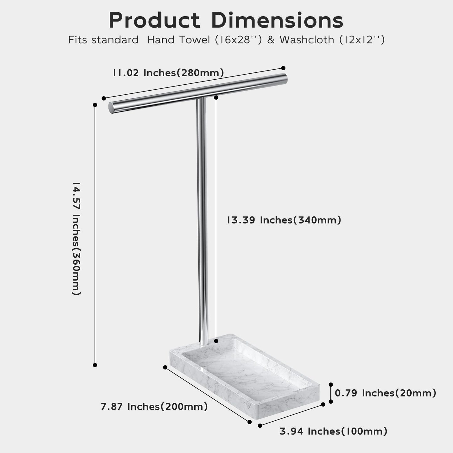 Volnamal Hand Towel Holder, 2 in 1 T-Shape Hand Towel Stand for Bathroom with Marble Base Tray, Hand Towel Rack Standing for Vanity Kitchen Countertop, Stainless Steel (Brushed)