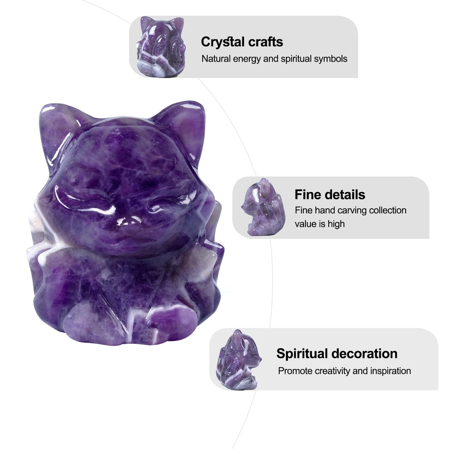 QLRSUXN Amethyst Nine Tailed Fox Decor,2 Inch Healing Crystals Fox Statue,Lucky Guardian Pocket Fox Figurines as Women’s Gifts,Fox Figurine for Office Home Decor and Ornament.