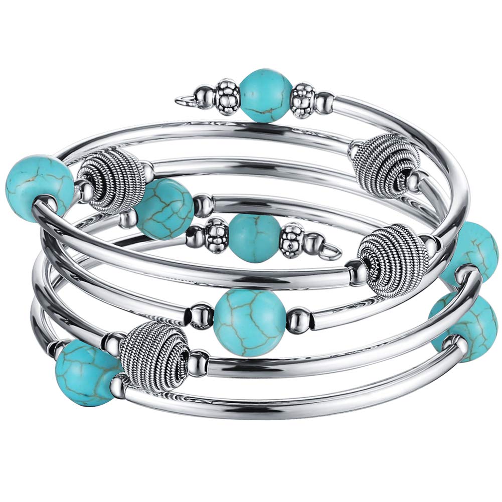 PEARL&CLUB Beaded Chakra Bangle Turquoise Bracelet - Fashion Jewelry Wrap Bracelet with Thick Silver Metal and Mala Beads, Birthday Gifts For Women(63-Turquoise Blue)