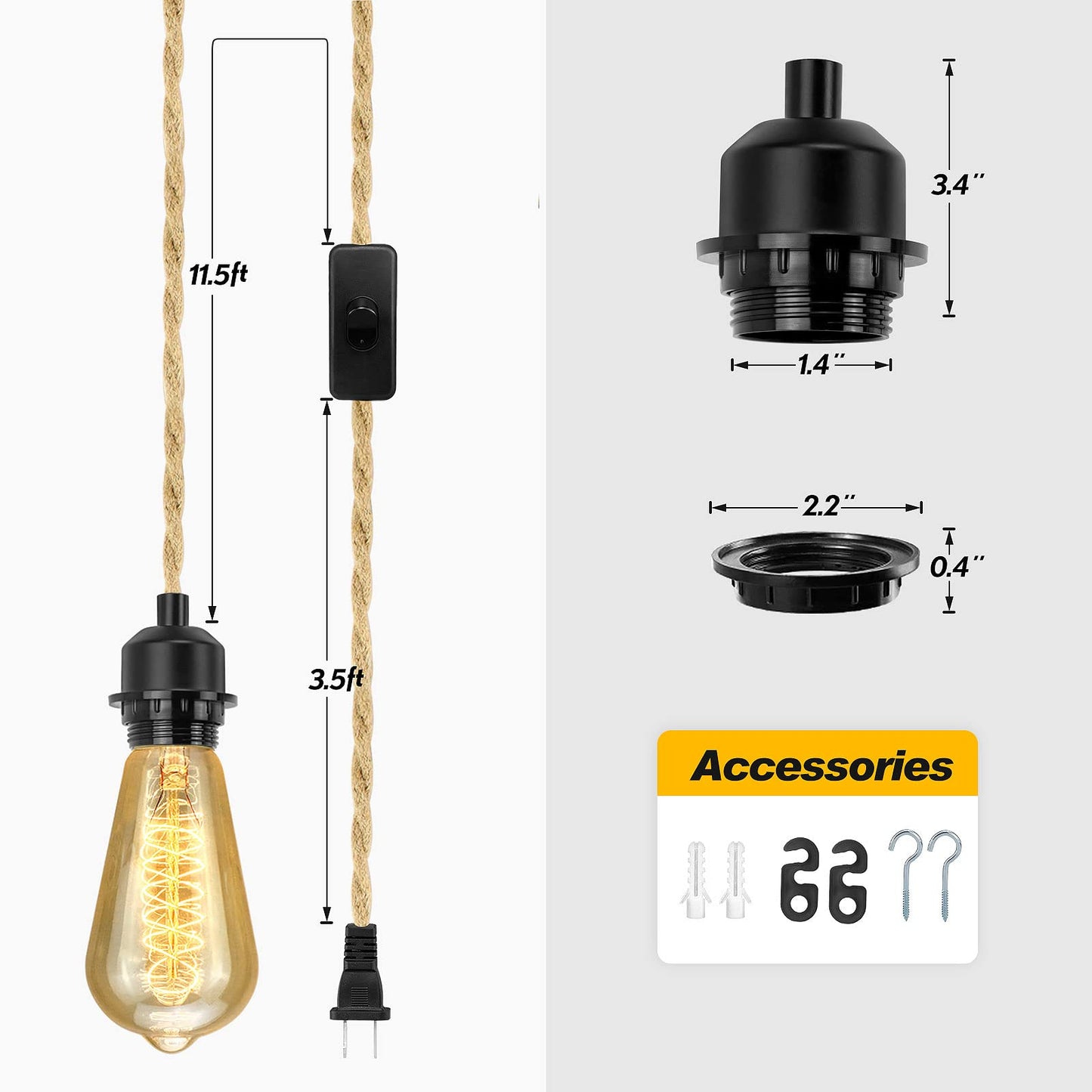LYOOWNG Plug in Pendant Light Cord, Farmhouse Hanging Lights with Plug in Cord, 15FT Hemp Rope Plugin Hanging Light Cord Kit with On/Off Switch, E26 E27 Light SocketCord, Bulb NOT Included