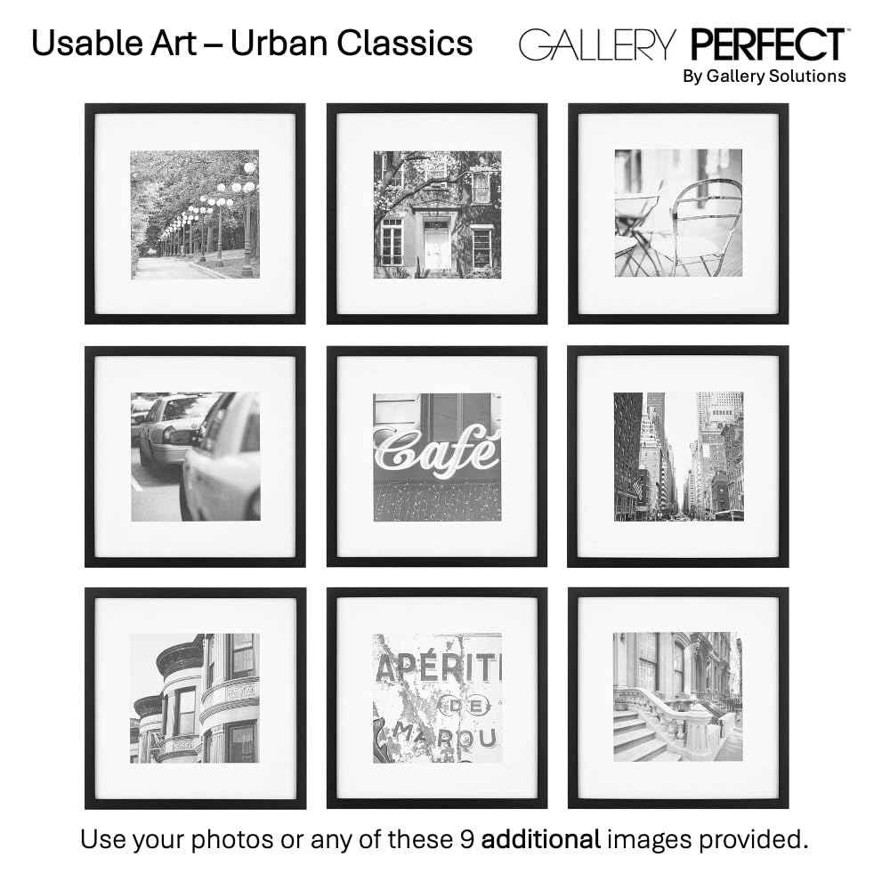 Gallery Perfect 12x12 Picture Frames, 9 Piece Set with Real Glass Cover for 8x8 Photos With Mat, Picture Frames Collage Wall Decor for Gallery Wall, Home Decor, Black