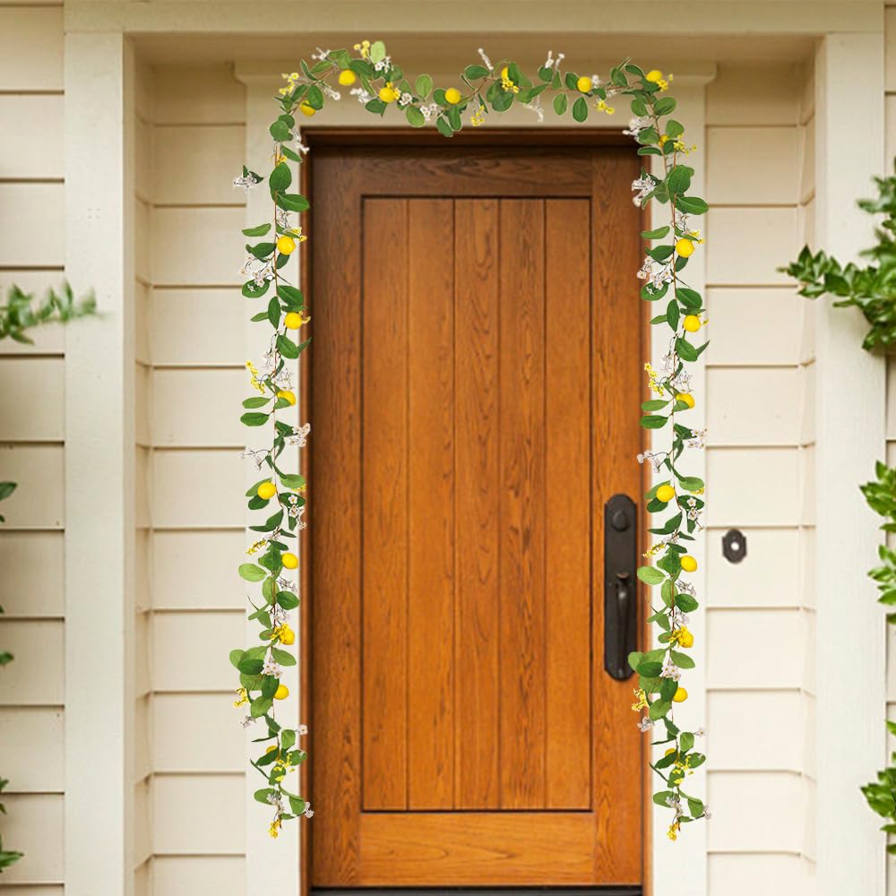 Hamifinee 2Pcs Artificial Lemon Garland Spring Summer Greenery Vine Garlands with Lemons Dense Flowers Fairy Light Battery Powered for Door Wall Mantle Wedding Party Table Christmas Decorations
