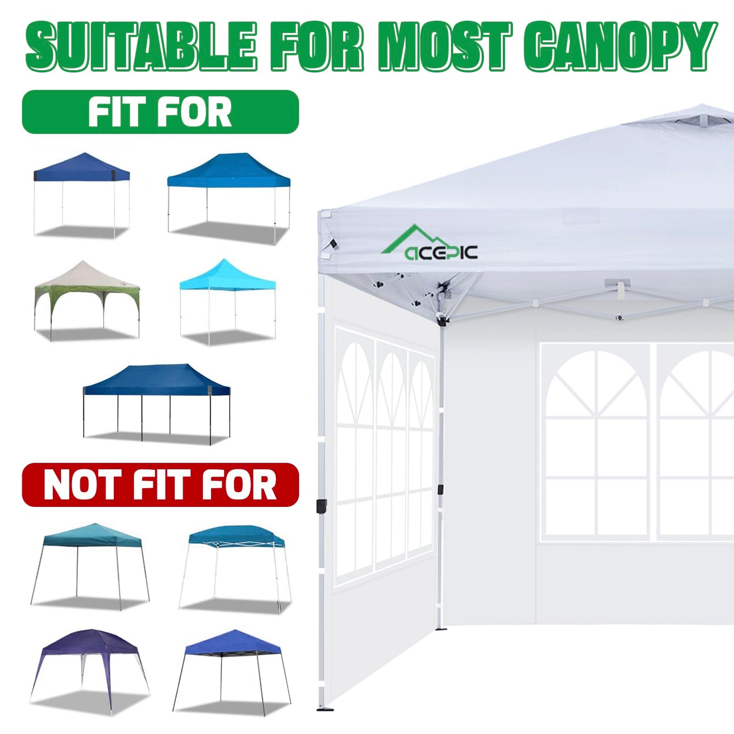 Acepic 3Pcs Instant Canopy Tent Sidewalls for 10x10 Pop-Up Canopy, Garden Gazebo, 210D Oxford Fabric Waterproof, Black (Tent NOT Included)