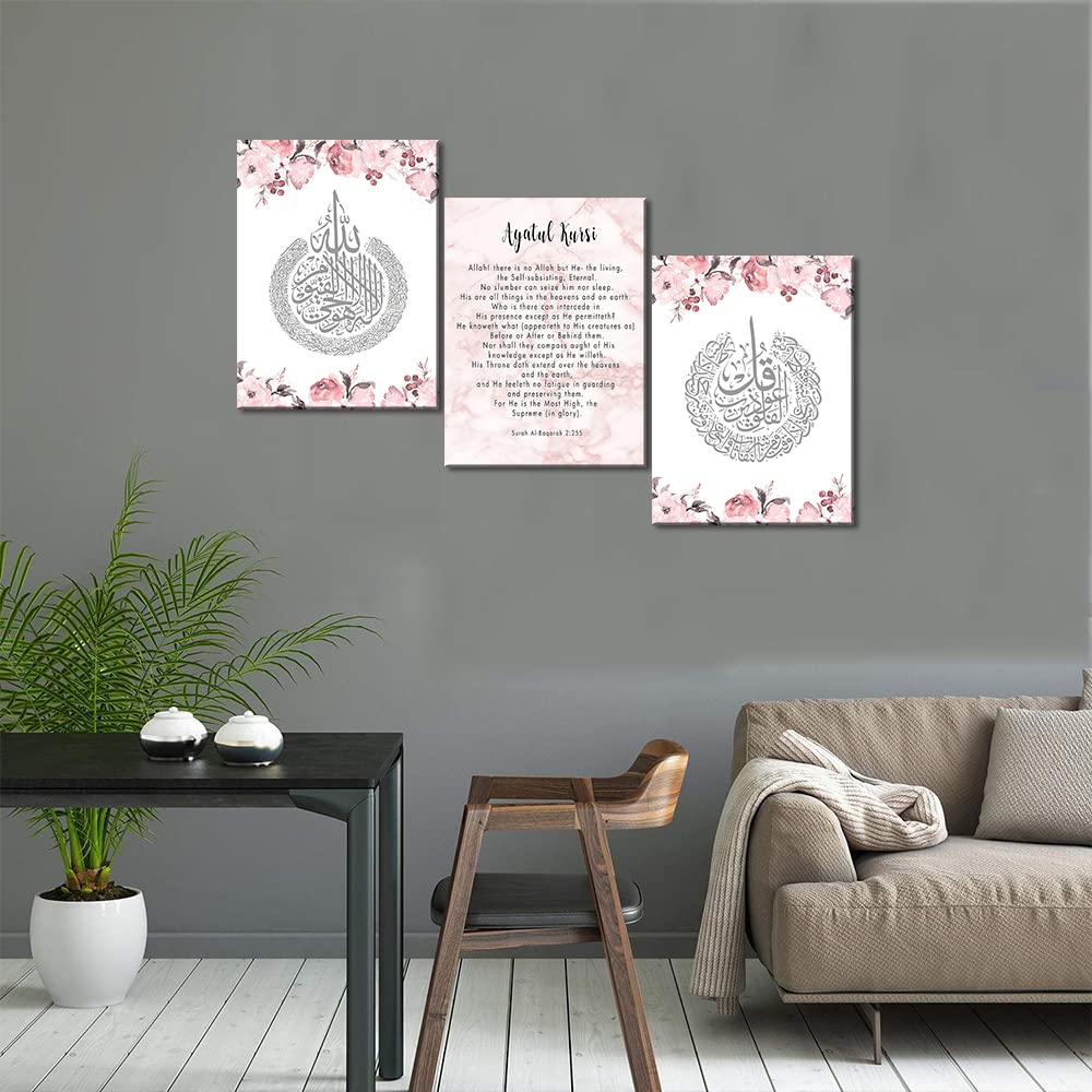3 Pcs Pink Islamic Calligraphy Flora Ayatul Kursi Quran Muslim Canvas Painting Wall Art Poster Print Living Room Bedroom Decor Modern Home Decorations Paintings Gallery Wrapped Ready to Hang-36"Wx16"H
