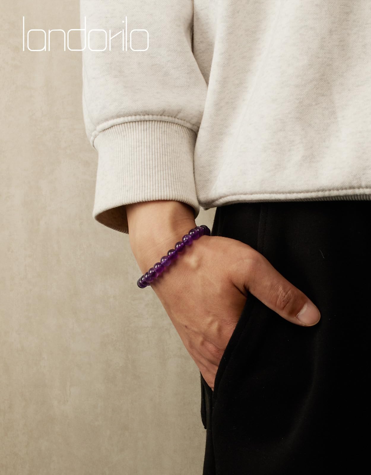Landorilo Beaded Bracelet for Men Women, 8mm Natural Stone Amethyst Healing Crystal Stretch Bracelets, Ideal Christmas Birthday Jewelry Gifts with Energy Card，Replacement Beads Included
