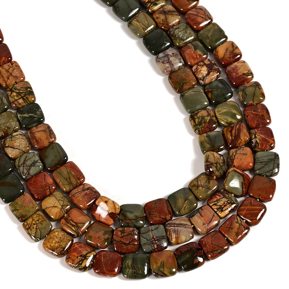 Land Long 28-31Pcs 12mm Natural Red Creek Jasper Bead, Large Flat Square Picasso Regalite Jasper Stone Beads for Jewelry Making Crafts Bracelets