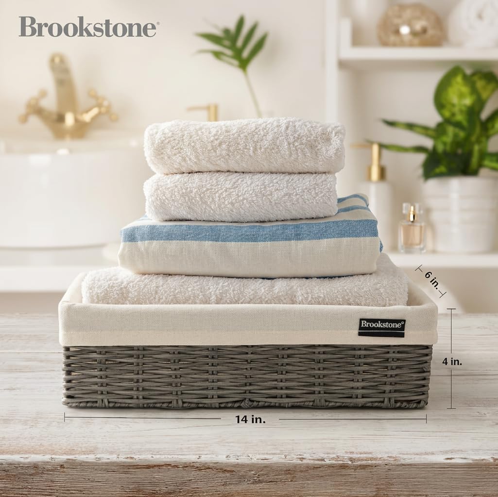 Brookstone Wicker Storage Basket Two Pack Set, Bathroom and Closet Organizers and Storage Bins with Fabric Liner, Grey