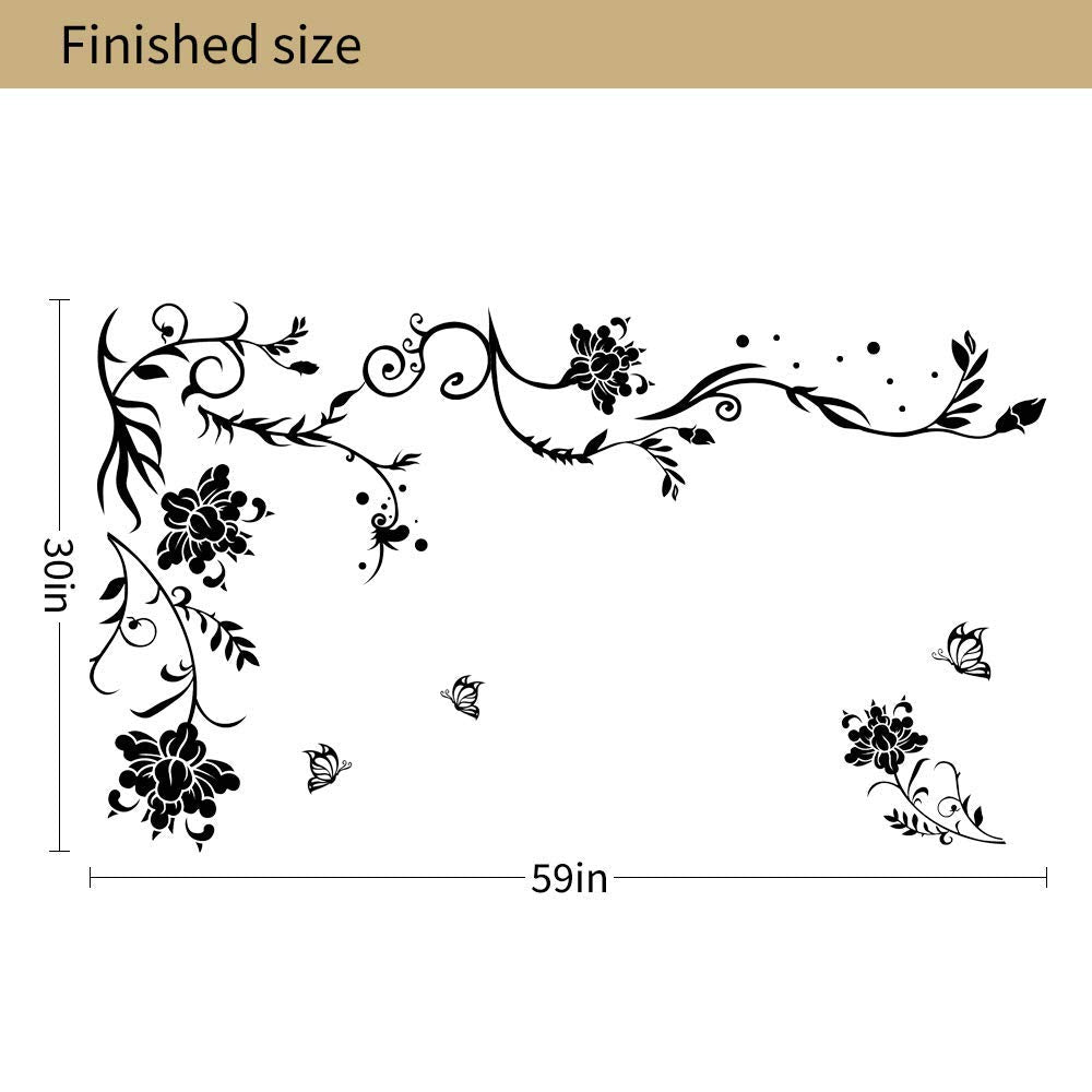 Supzone Flowers & Butterflies Wall Decals - DIY Black & Floral Wall Stickers for Bedrooms & Living Rooms
