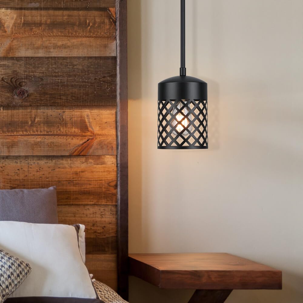 XiNBEi Lighting Black Pendant Lights Kitchen Island, Farmhouse Mini Pendant Light Metal Cage Adjustable Hanging Lighting for Kitchen Dining Room Bathroom XB-P328-MB