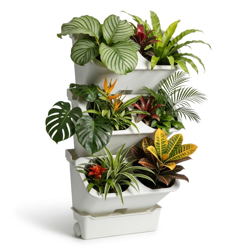 3-Tiers Vertical Wall-Mounted Planter with 6 Pots Vertical Garden Living Wall Planter Indoor Self-Watering Soil-Water Separation Stackable Plastic Planter for Herb Vegetable Flower Succulent (White)