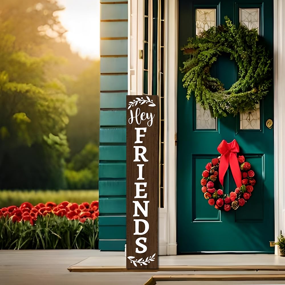 Houseuse (48inx8in Hey Friends Front Porch Sign Xmas Door Sign Merry Hanging Signs Christmas Decoration Farmhouse Outdoor Yard Housewarming Gifts