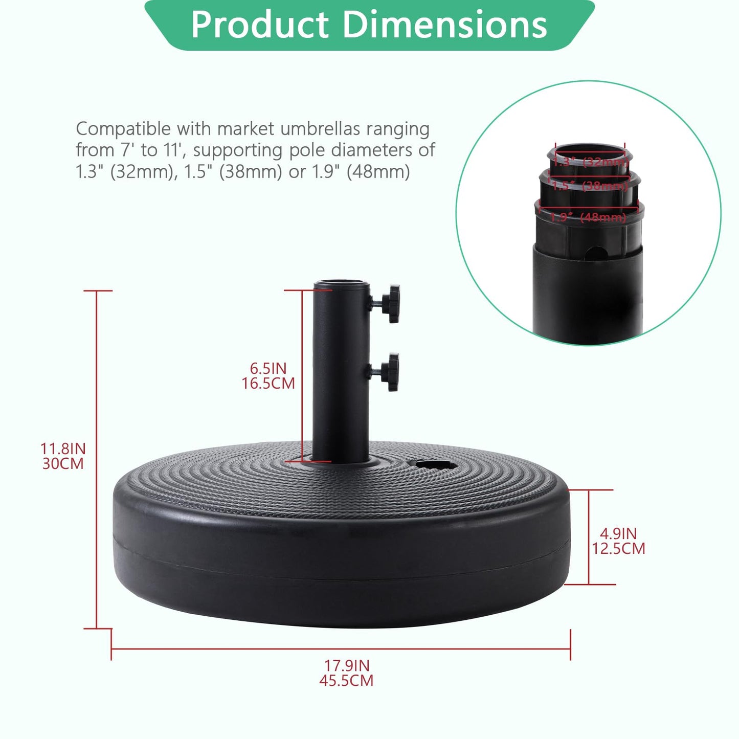 Helios&Hestia 60 lb Heavy Duty Round Umbrella Base, Plastic Water and Sand Fillable Outdoor Stand Weight for Patio Market Table Umbrella, Black