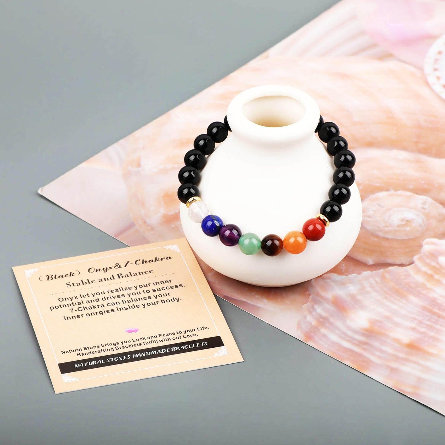 AD Beads Handmade Gemstone Stretch Elastic Bracelet Crystal Healing Reiki Nature's Beauty and Spiritual Essence Unisex (10mm, Onyx & 7-Chakra (Stable and Balance))