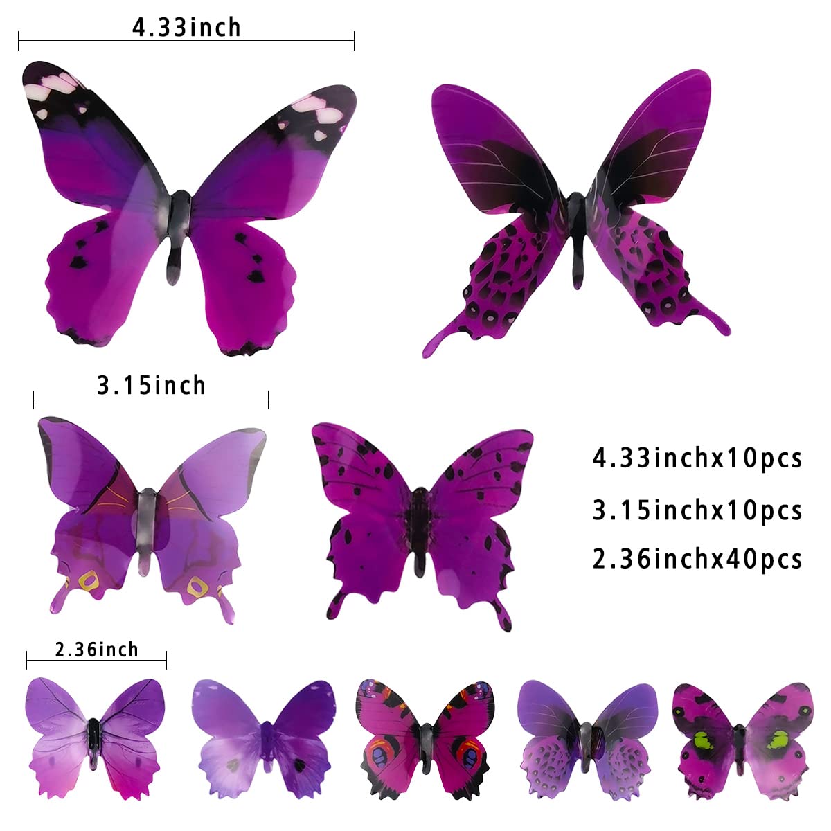 60Pcs 3D Butterfly Wall Decals Purple Butterflies Wall Decor 3 Sizes Waterproof Butterfly Wall Stickers for Home Office Living Room Bedroom Birthday Party Decoration
