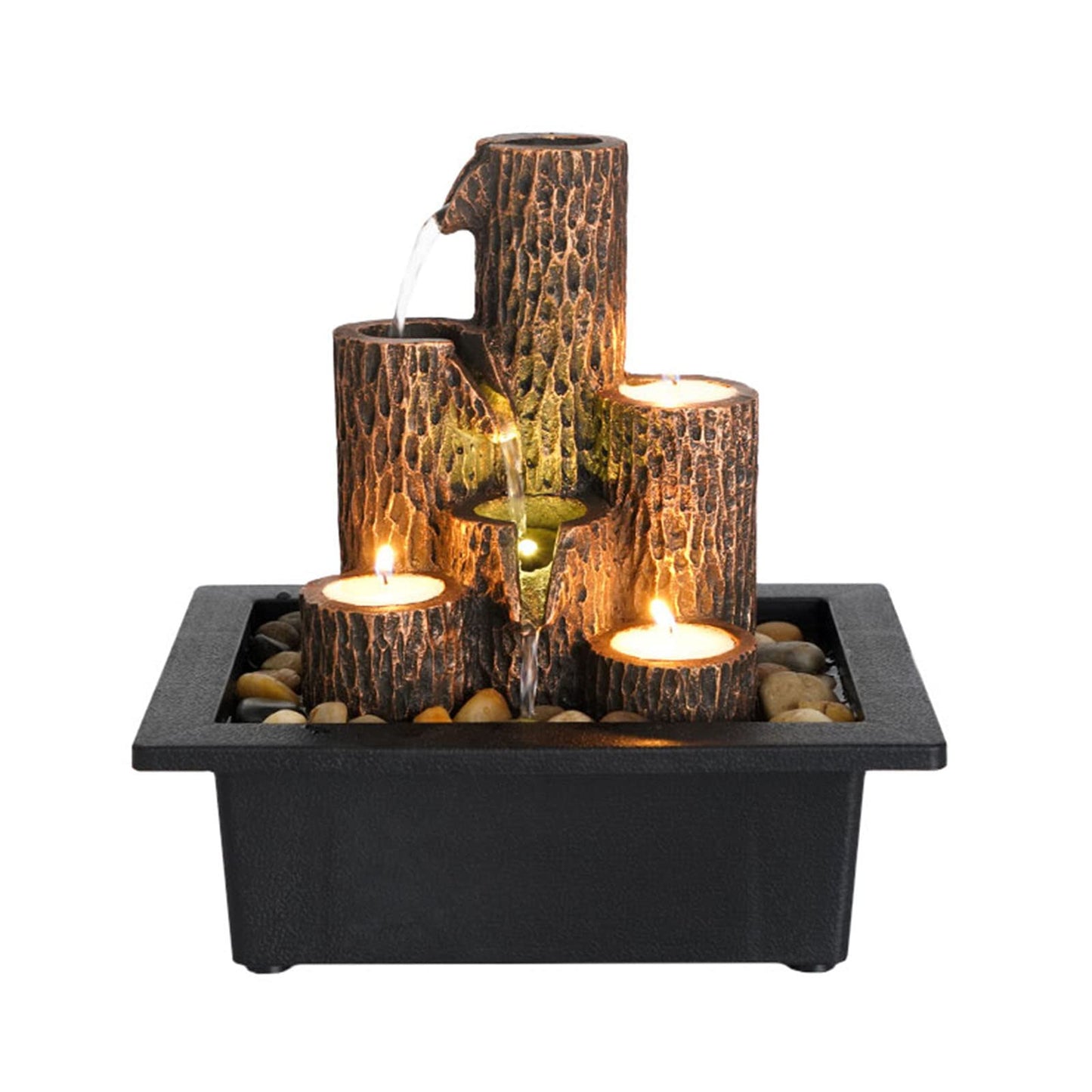 Tabletop Fountains Rock Waterfall Fountain with Rotating Ball and LED Lights, Water Feature Includes Natural River Rocks for Home Office Decor (C)