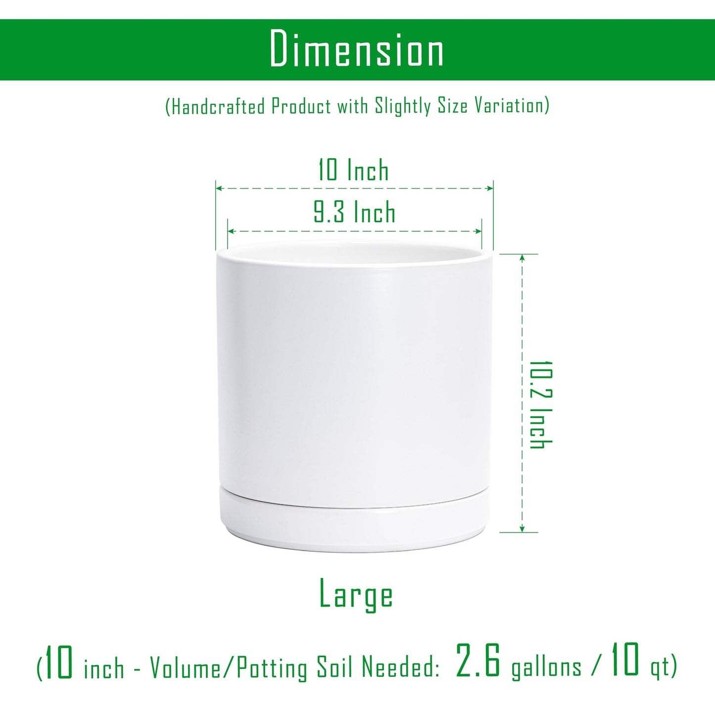 D'vine Dev 10 Inch Ceramic Planter Pot with Drainage Hole and Saucer, Indoor Cylinder Round Planter Pot, White, 94-O-E-1
