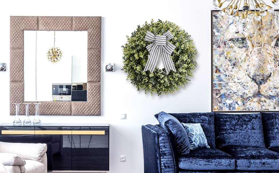 Pansu 19 Inch Boxwood Wreath, 3 Different Bows,Artificial Spring, Summer, Fall, or Winter Wreath ，Weatherproof Indoor/Outdoor Wreaths for Front Door