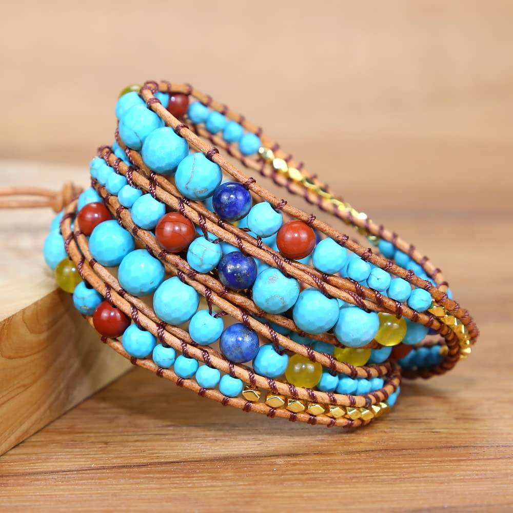 ZOSOJONA Handmade Boho Wrap Bracelet For Women Adjustable Nature Stone Turquoise Crystal Beaded Bracelets