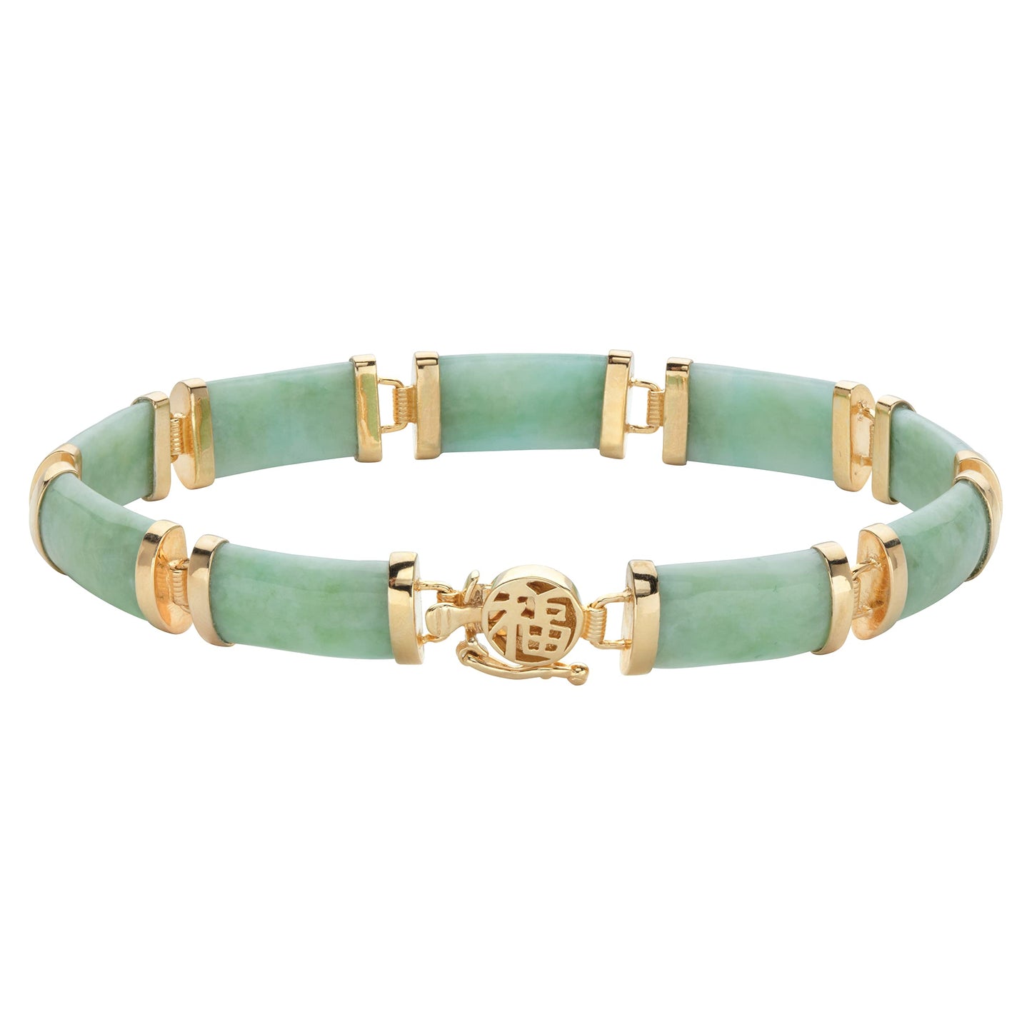 Palm Beach Jewelry PalmBeach Yellow Gold-plated Genuine Green Jade, Barrel Bead Link Bracelet (8mm), Box Clasp, 7.5 inches