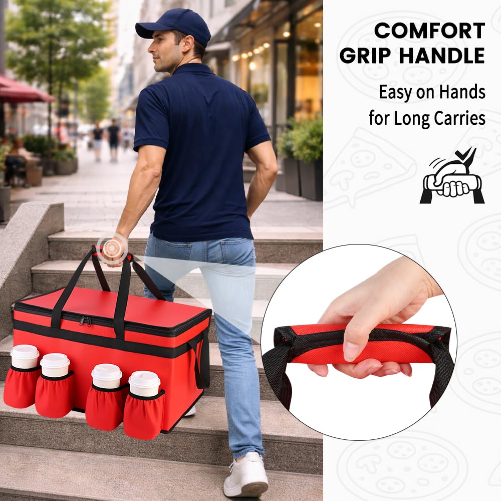 CIVJET Insulated Food Delivery Bag with 4 Cup Holders, XXX-Large Commercial Grade Insulated Grocery Bag, Keep Food Hot/Cold, Heavy Duty Cooler Bag with Drink Carrier, Catering Food Carrier, Red