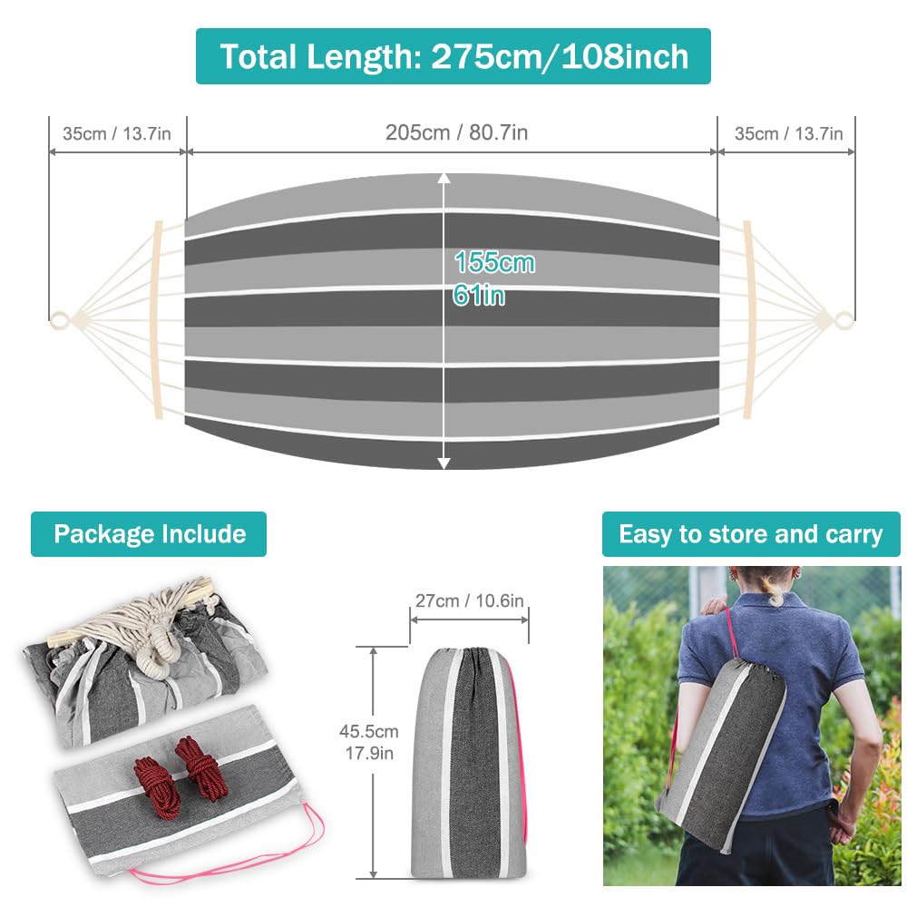 MOSFiATA Hammocks Portable Camping Hammock Upgraded 550lb Comfortable Fabric Hammock with Two Anti Roll Balance Beam and Sturdy Tree Straps for Camping, Patio, Backyard, Outdoor（Grey）
