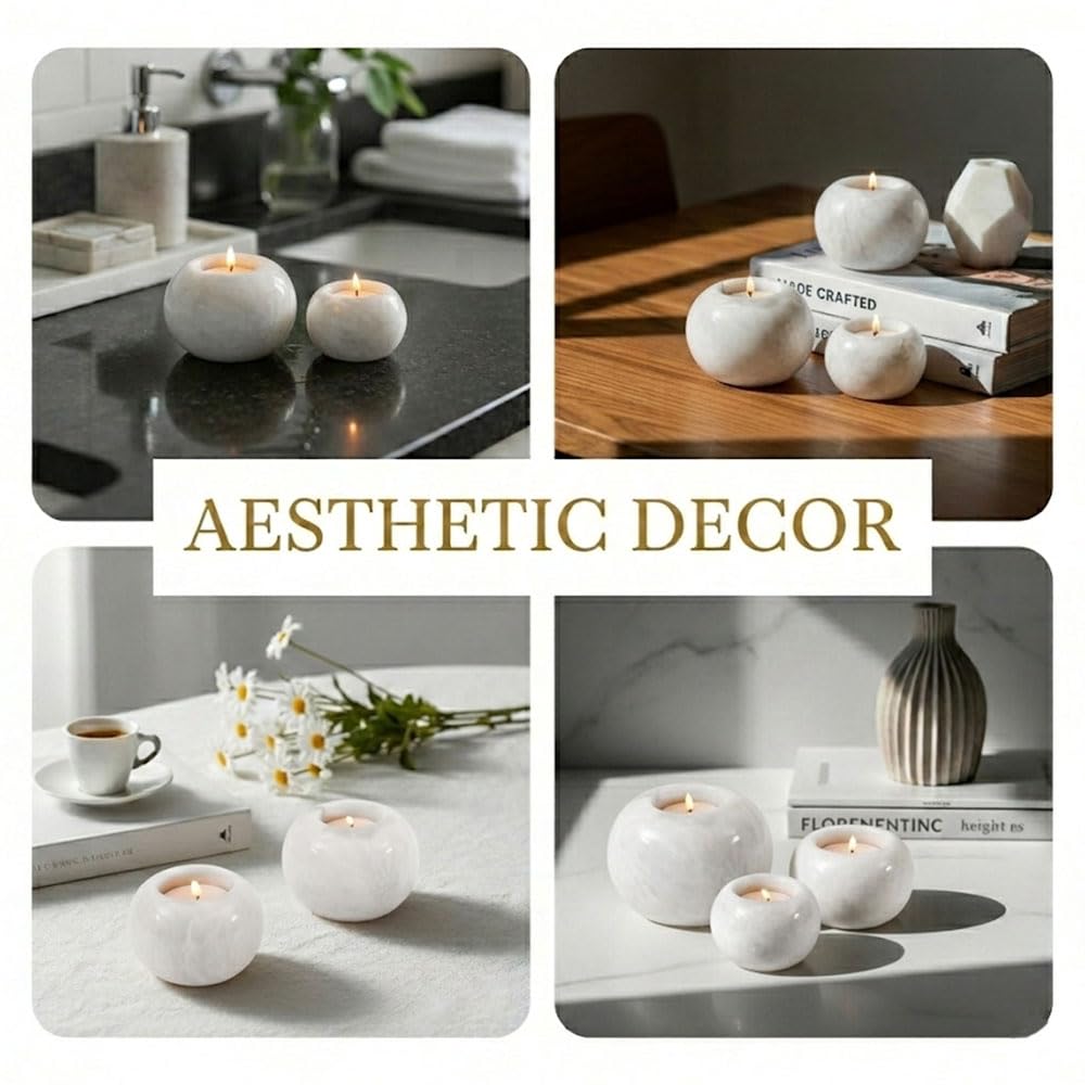 Radicaln Marble Tealight Candle Holder 4" Inches White Handmade Candle Accent for Home Decor, Ideal Set of 3 Small Marble Taper Holder for Table Centerpieces, Votive Candle Holder