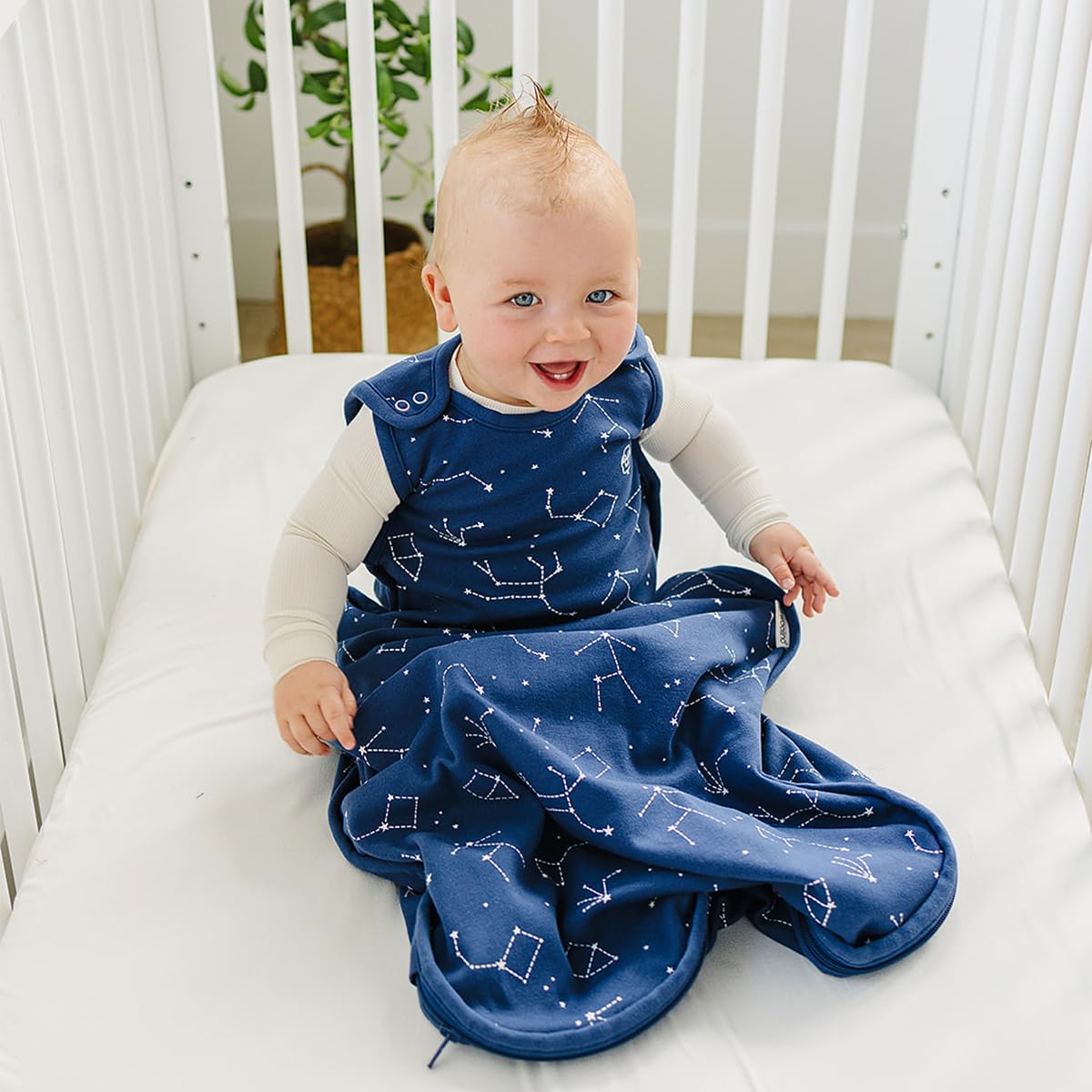 Woolino Ultimate Baby Sleep Sack – 4 Season Merino Wool Sleeping Bag, Organic Cotton Outer, Temp Regulating Blanket, Adjustable Sleep Sack Universal Size 2–24 Months - Night Sky