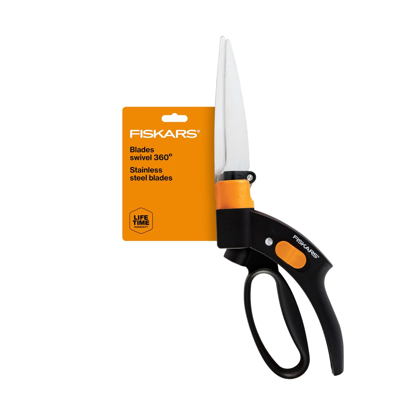 Fiskars Shear Ease Grass Shears - 5" Stainless Steel Blades - 360-Degree Swivel Blade Plant Cutting Scissors - Garden Shears and Grass Cutter, Black