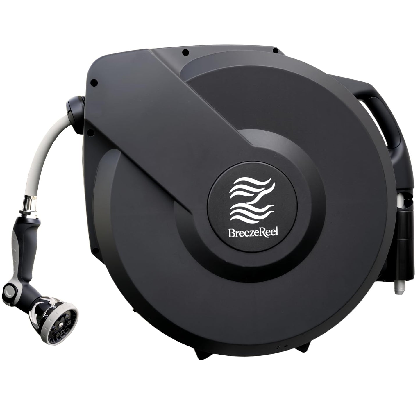 BREEZEREEL Retractable Garden Hose Reel 5/8"x100ft, 3-Ply Reinforced, High-Flow, Any Length Lock, 180° Swivel Bracket, Heavy-Duty Aluminum Mount, Slow Retract, Auto-Layer, 10 Spray Nozzle