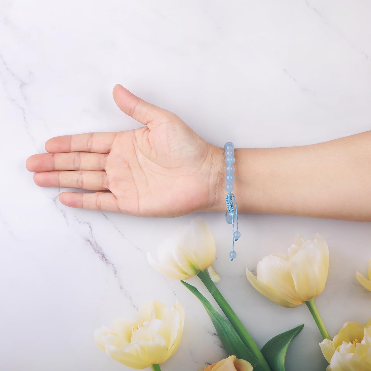 AD Beads 8mm Aquamarine Jade - Spiritual Purification - Handmade Natural Stone Crystal Bracelet with Adjustable Macrame String - Yoga Healing Power Energy Gifts for Men and Women