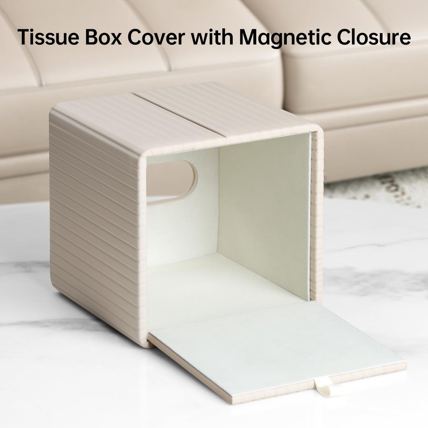 MEIBOOCH PU Leather Tissue Box Cover Square Tissue Box Holder with Magnetic Closure (Beige Stripe)