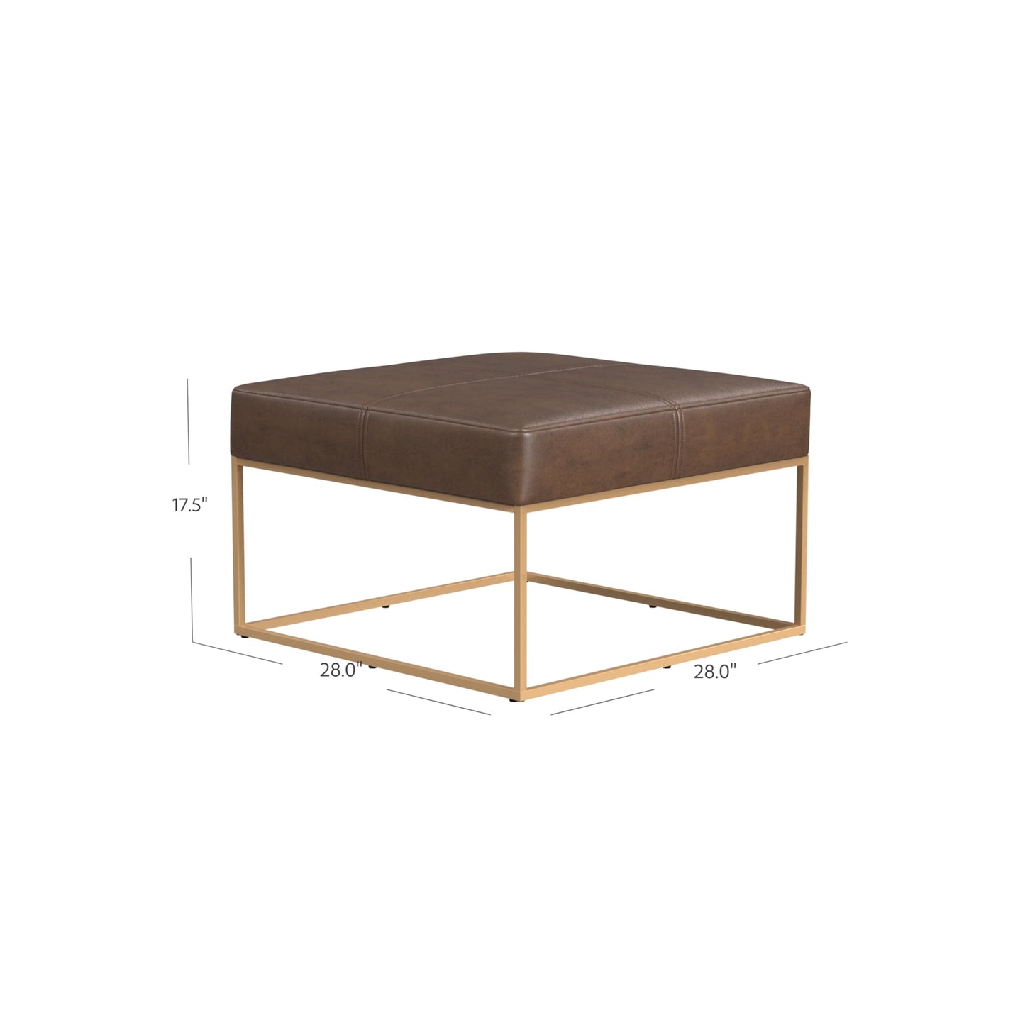 Homepop Decorative Large Square Gold Metal Ottoman | Ottoman Stool for Living Room & Bedroom | Decorative Home Furniture (Brown Faux Leather)